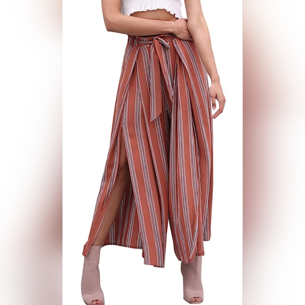 Simplee Women s Elegant Striped Split High Waisted Belted Flowy Wide Leg Pants